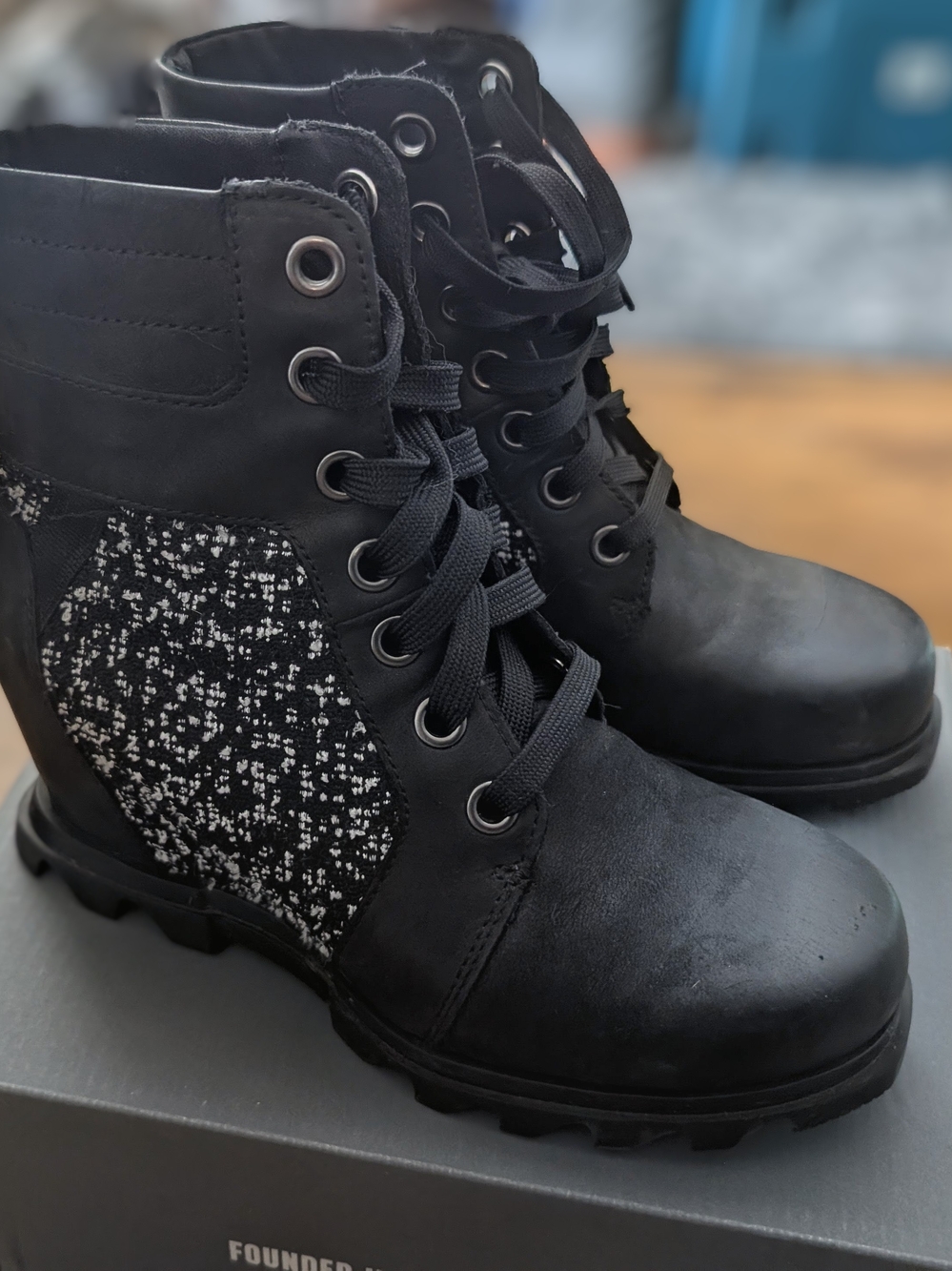 Sorel Black Lace-Up Ankle Boots with Tweed Side Panels